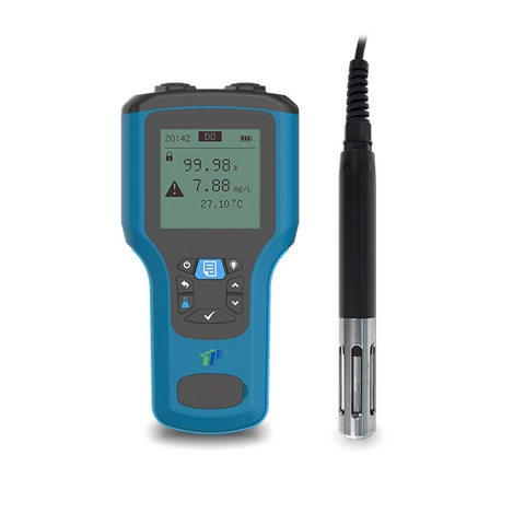 Medidor de oxígeno disuelto portátil con doble canal, IP67 impermeable, almacenamiento de datos y recargable USB para uso de laboratorio y campo